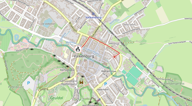 Kaart van de omgeving van de melding, met de kazerne die is gealarmeerd