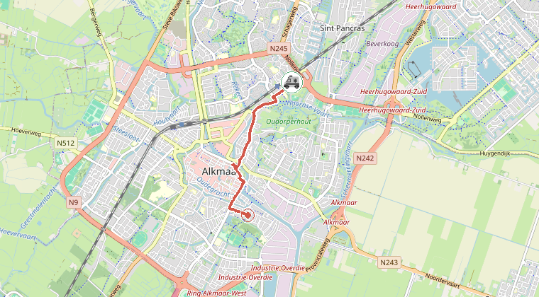 Kaart van de omgeving van de melding, met de kazerne die is gealarmeerd