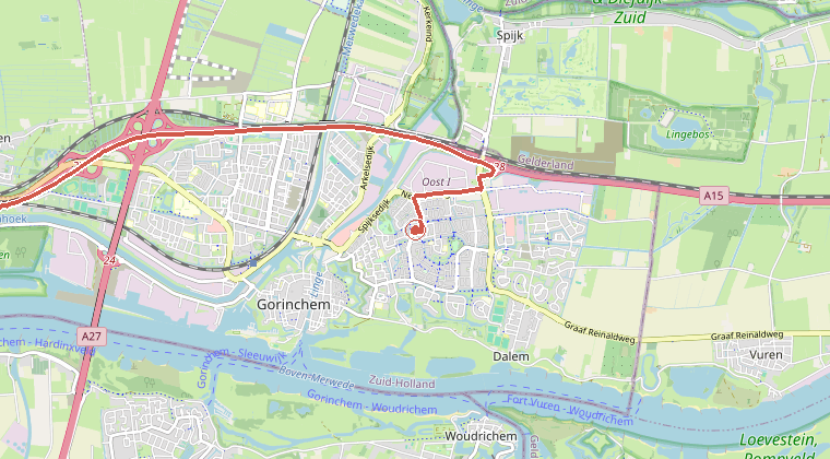 Kaart van de omgeving van de melding, met de kazerne die is gealarmeerd