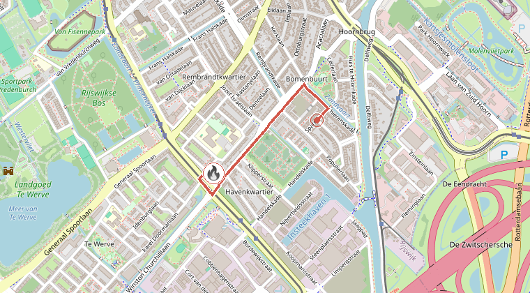 Kaart van de omgeving van de melding, met de kazerne die is gealarmeerd
