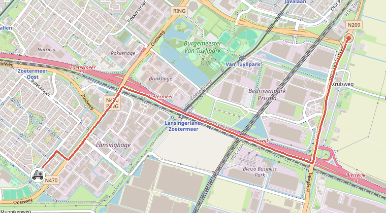 Kaart van de omgeving van de melding, met de kazerne die is gealarmeerd