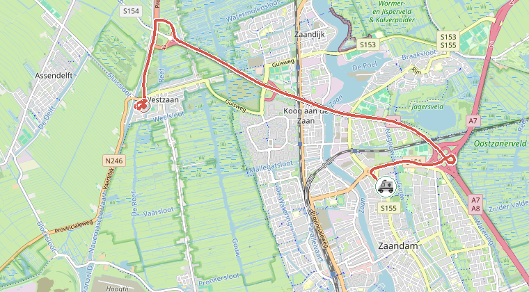 Kaart van de omgeving van de melding, met de kazerne die is gealarmeerd