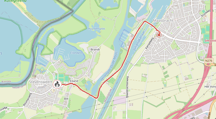 Kaart van de omgeving van de melding, met de kazerne die is gealarmeerd
