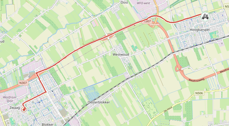 Kaart van de omgeving van de melding, met de kazerne die is gealarmeerd