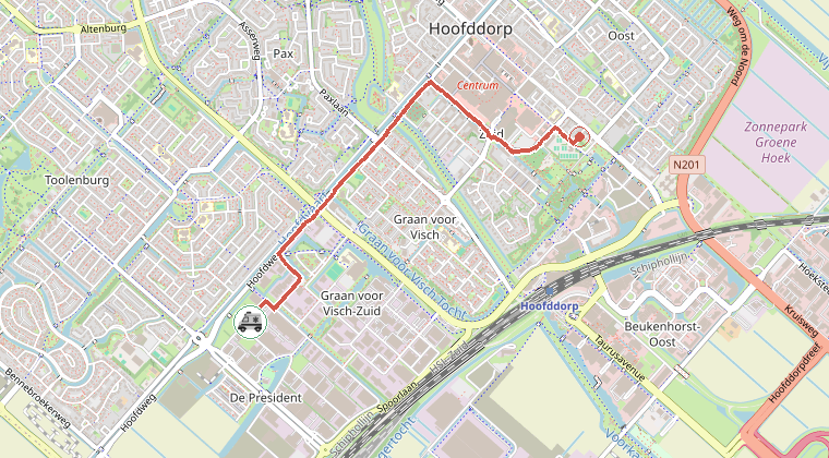 Kaart van de omgeving van de melding, met de kazerne die is gealarmeerd