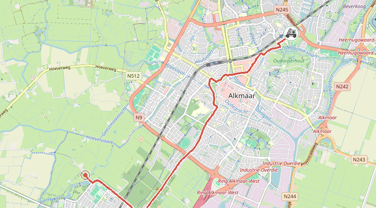 Kaart van de omgeving van de melding, met de kazerne die is gealarmeerd