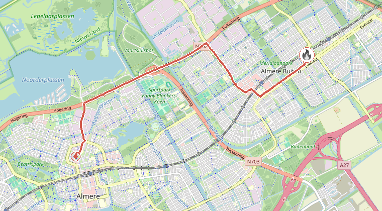 Kaart van de omgeving van de melding, met de kazerne die is gealarmeerd