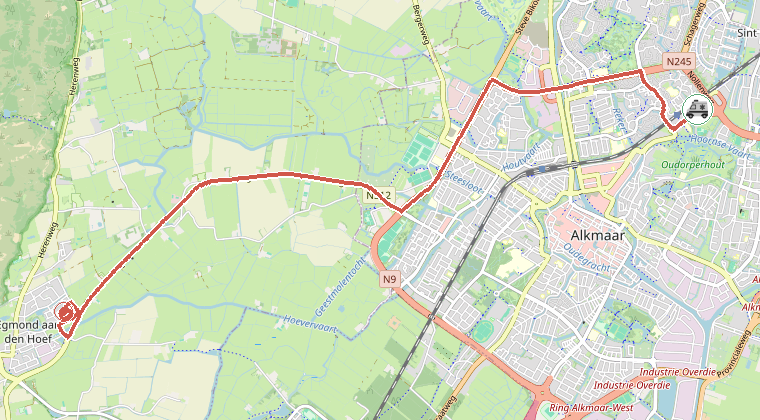 Kaart van de omgeving van de melding, met de kazerne die is gealarmeerd