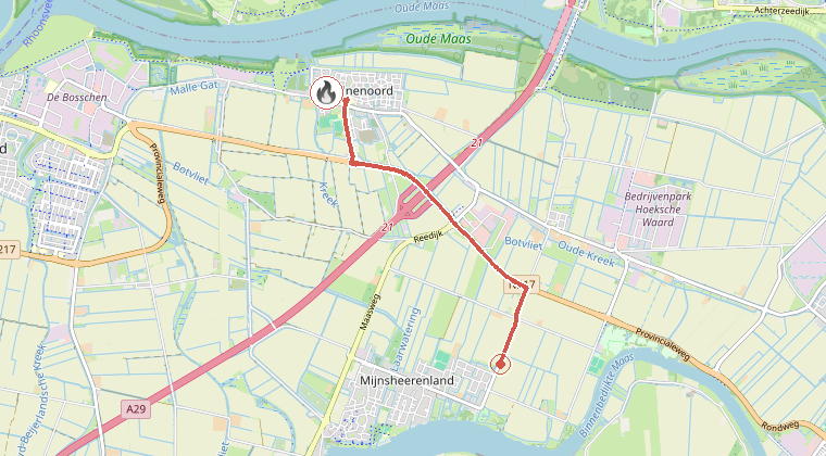 Kaart van de omgeving van de melding, met de kazerne die is gealarmeerd