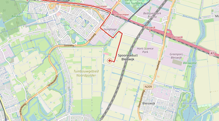 Kaart van de omgeving van de melding, met de kazerne die is gealarmeerd