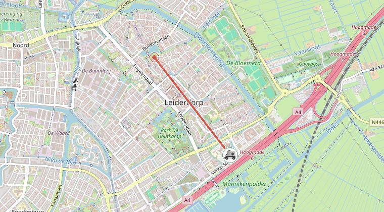 Kaart van de omgeving van de melding, met de kazerne die is gealarmeerd