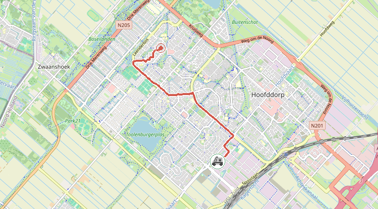 Kaart van de omgeving van de melding, met de kazerne die is gealarmeerd