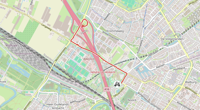 Kaart van de omgeving van de melding, met de kazerne die is gealarmeerd