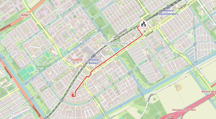 Kaart van de omgeving van de melding, met de kazerne die is gealarmeerd