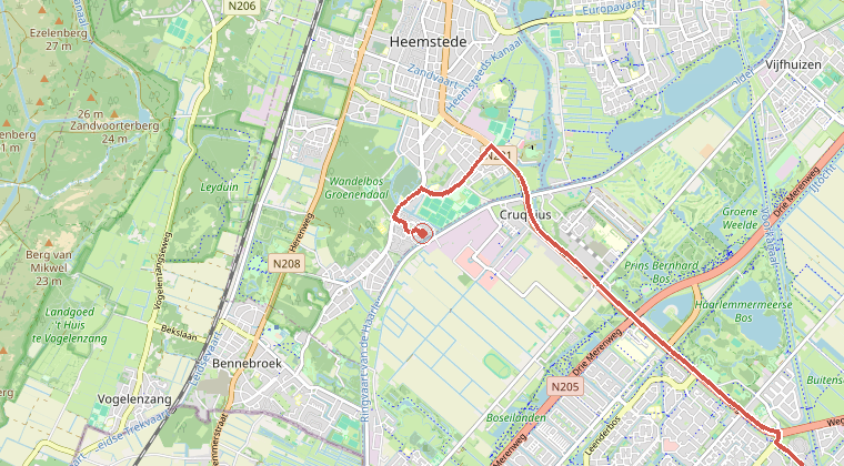 Kaart van de omgeving van de melding, met de kazerne die is gealarmeerd
