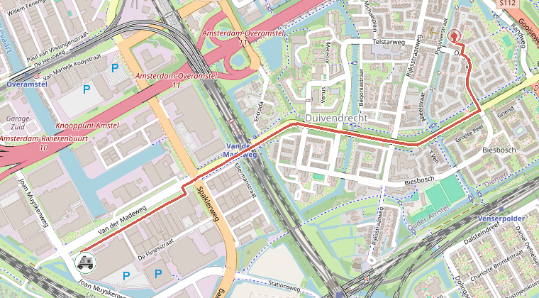 Kaart van de omgeving van de melding, met de kazerne die is gealarmeerd