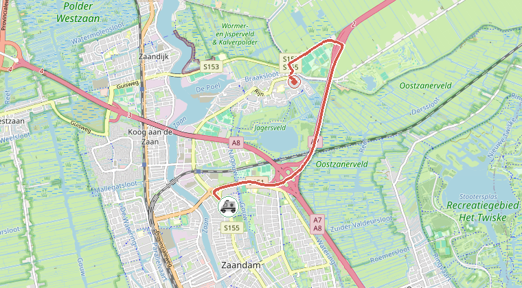 Kaart van de omgeving van de melding, met de kazerne die is gealarmeerd