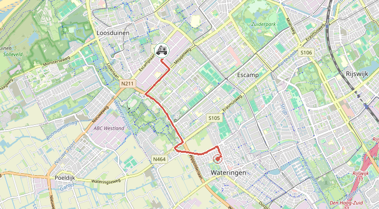 Kaart van de omgeving van de melding, met de kazerne die is gealarmeerd