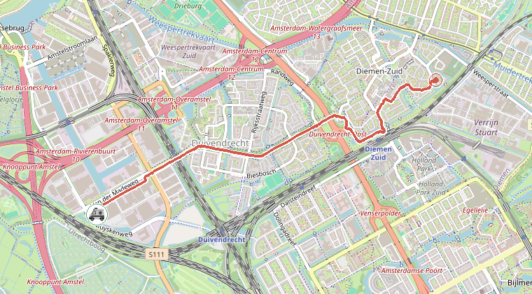Kaart van de omgeving van de melding, met de kazerne die is gealarmeerd