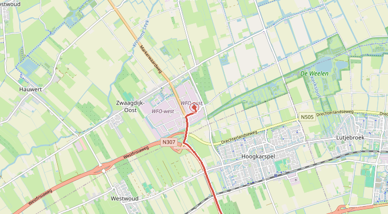 Kaart van de omgeving van de melding, met de kazerne die is gealarmeerd