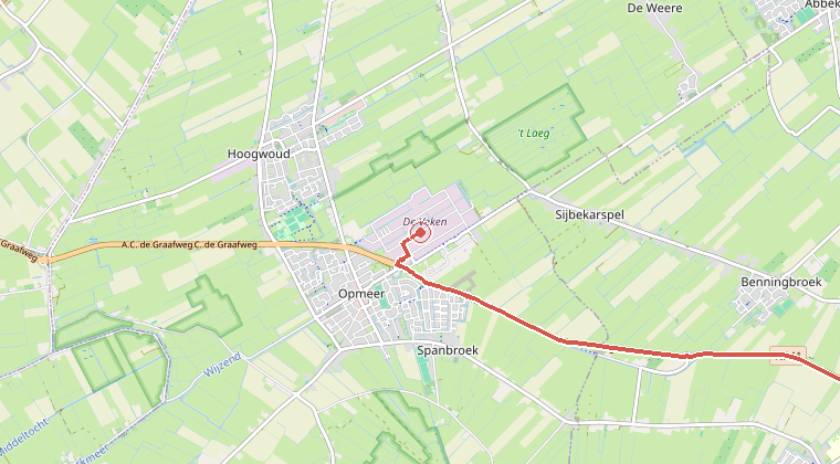 Kaart van de omgeving van de melding, met de kazerne die is gealarmeerd