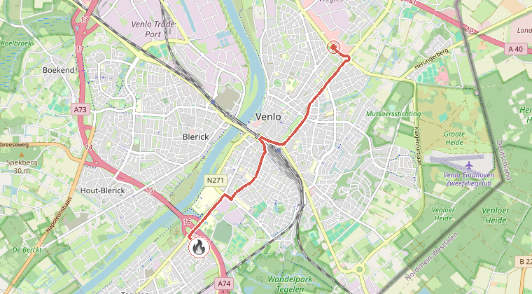 Kaart van de omgeving van de melding, met de kazerne die is gealarmeerd