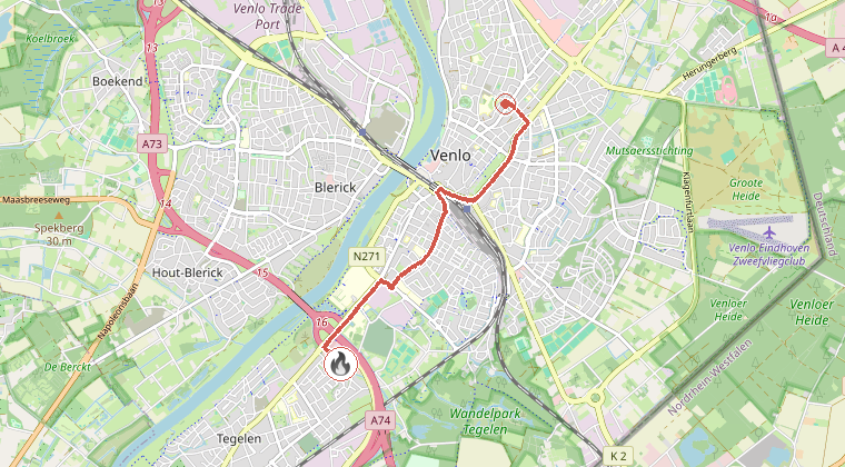 Kaart van de omgeving van de melding, met de kazerne die is gealarmeerd