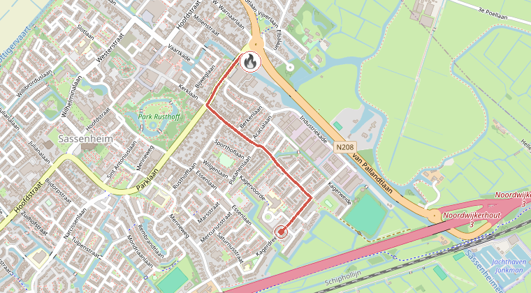 Kaart van de omgeving van de melding, met de kazerne die is gealarmeerd