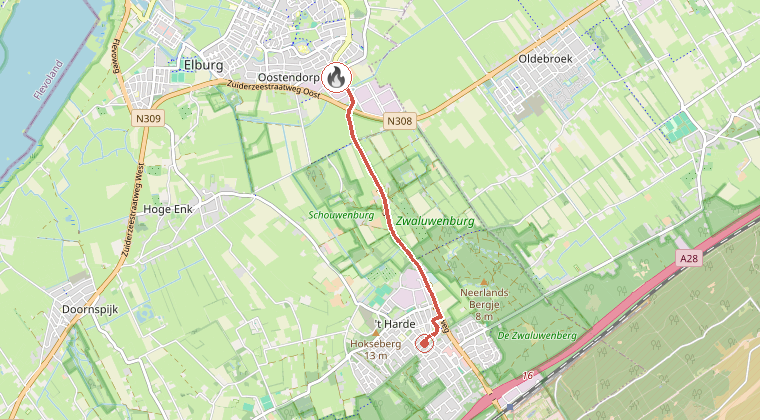 Kaart van de omgeving van de melding, met de kazerne die is gealarmeerd