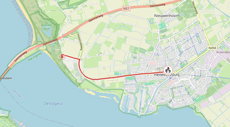 Kaart van de omgeving van de melding, met de kazerne die is gealarmeerd