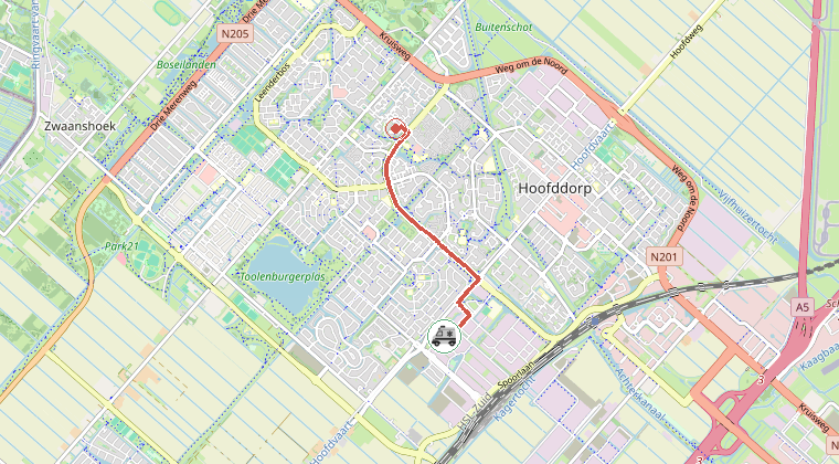 Kaart van de omgeving van de melding, met de kazerne die is gealarmeerd