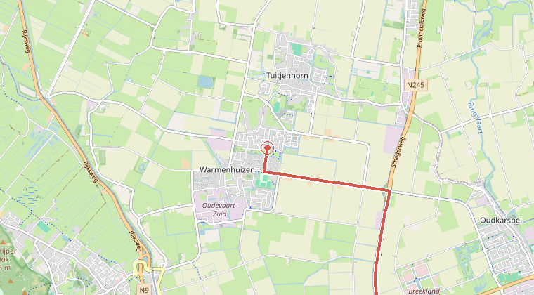 Kaart van de omgeving van de melding, met de kazerne die is gealarmeerd