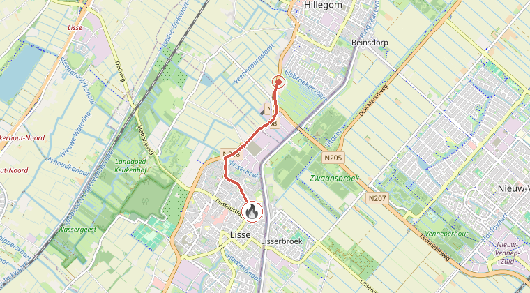 Kaart van de omgeving van de melding, met de kazerne die is gealarmeerd