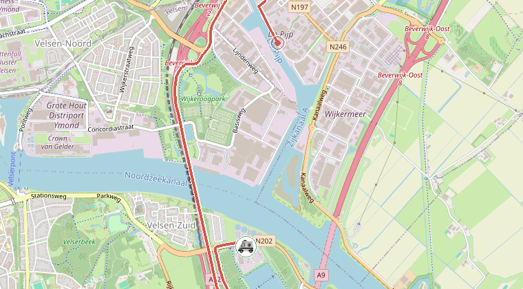 Kaart van de omgeving van de melding, met de kazerne die is gealarmeerd