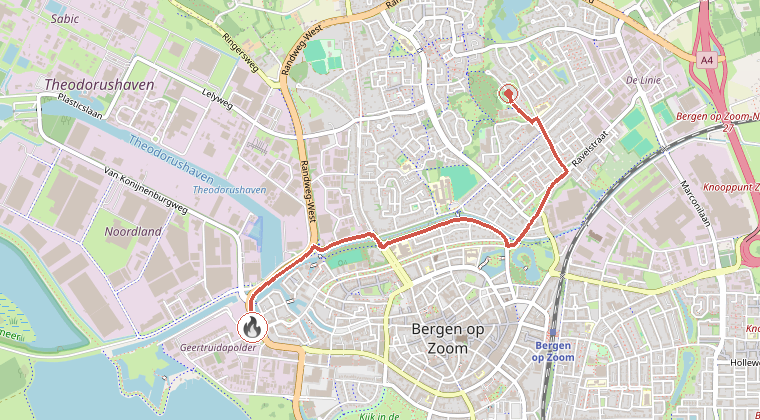Kaart van de omgeving van de melding, met de kazerne die is gealarmeerd
