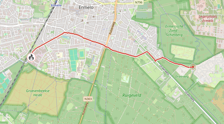 Kaart van de omgeving van de melding, met de kazerne die is gealarmeerd