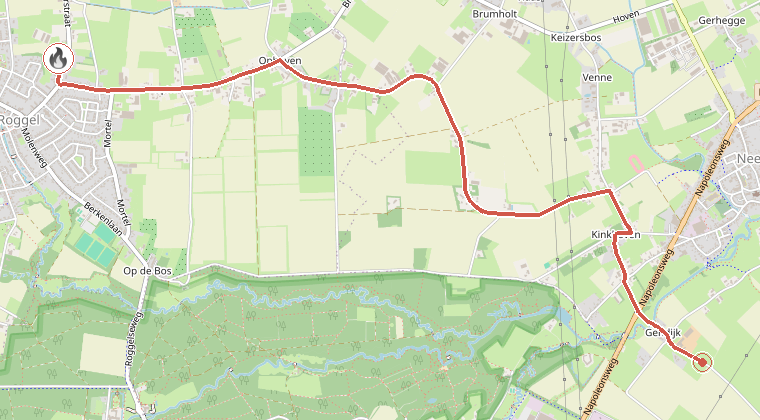Kaart van de omgeving van de melding, met de kazerne die is gealarmeerd