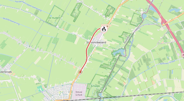 Kaart van de omgeving van de melding, met de kazerne die is gealarmeerd