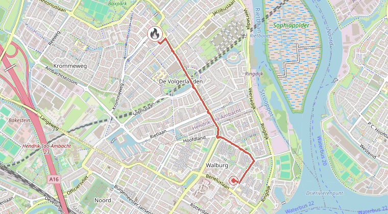 Kaart van de omgeving van de melding, met de kazerne die is gealarmeerd