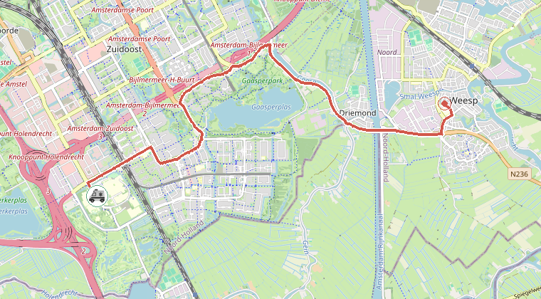 Kaart van de omgeving van de melding, met de kazerne die is gealarmeerd