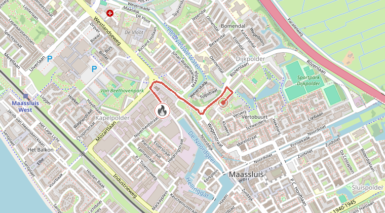Kaart van de omgeving van de melding, met de kazerne die is gealarmeerd