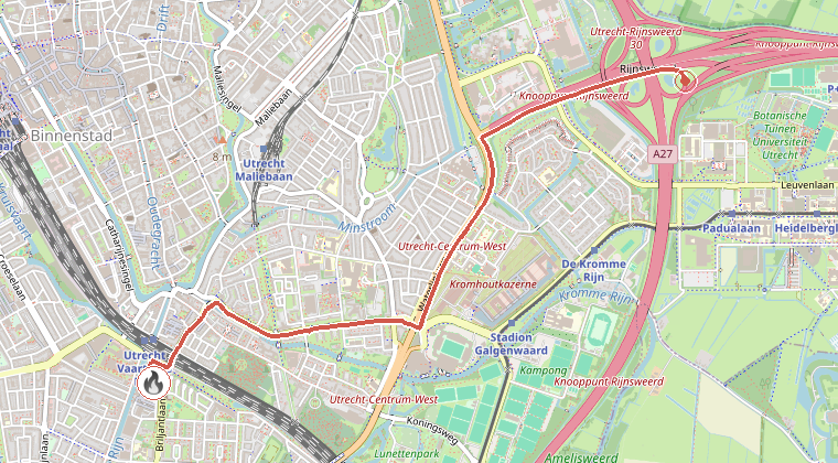 Kaart van de omgeving van de melding, met de kazerne die is gealarmeerd