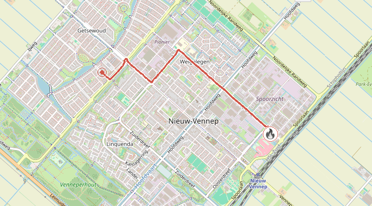 Kaart van de omgeving van de melding, met de kazerne die is gealarmeerd