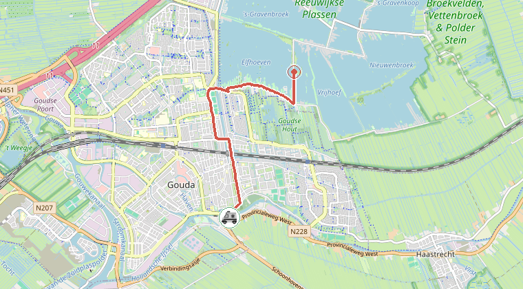 Kaart van de omgeving van de melding, met de kazerne die is gealarmeerd