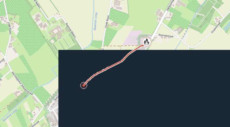 Kaart van de omgeving van de melding, met de kazerne die is gealarmeerd