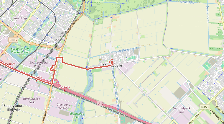 Kaart van de omgeving van de melding, met de kazerne die is gealarmeerd