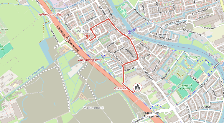 Kaart van de omgeving van de melding, met de kazerne die is gealarmeerd