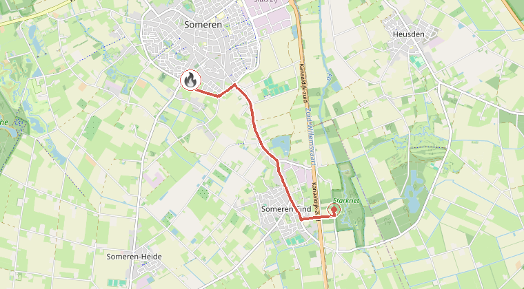 Kaart van de omgeving van de melding, met de kazerne die is gealarmeerd