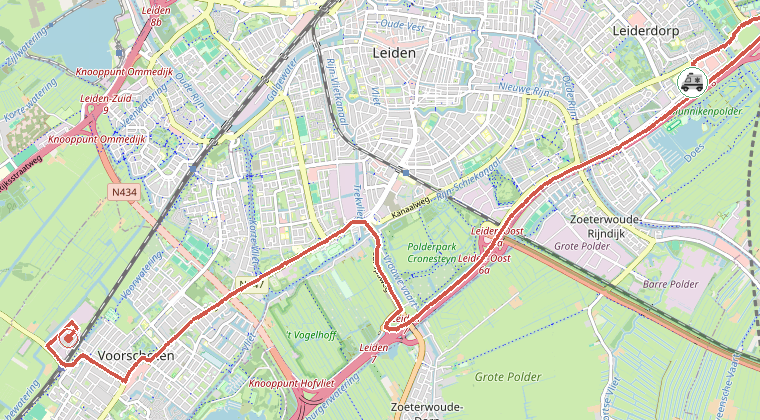 Kaart van de omgeving van de melding, met de kazerne die is gealarmeerd