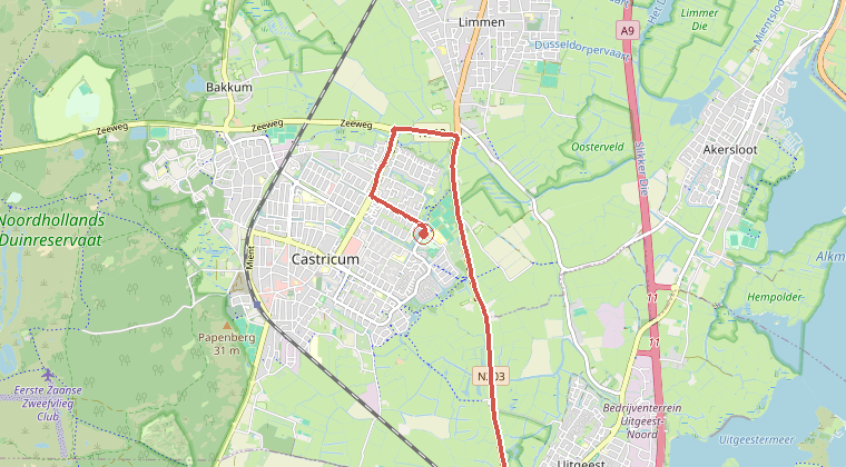 Kaart van de omgeving van de melding, met de kazerne die is gealarmeerd